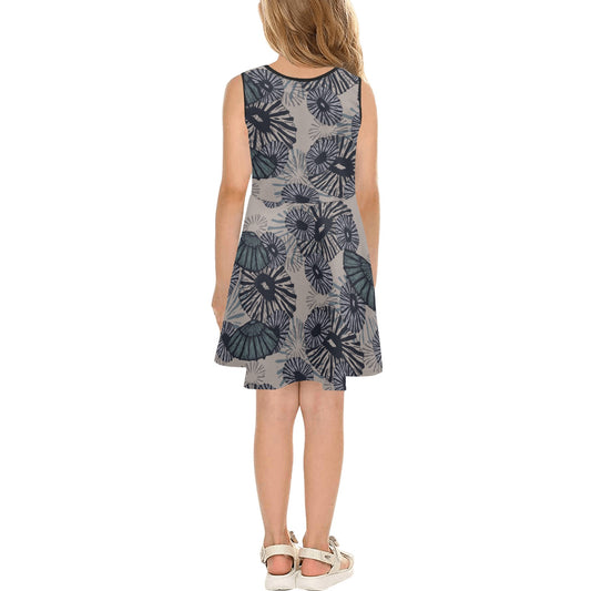 'Opihi Hawaiian Print Girl's Sleeveless Dress - Slate Blue and Taupe