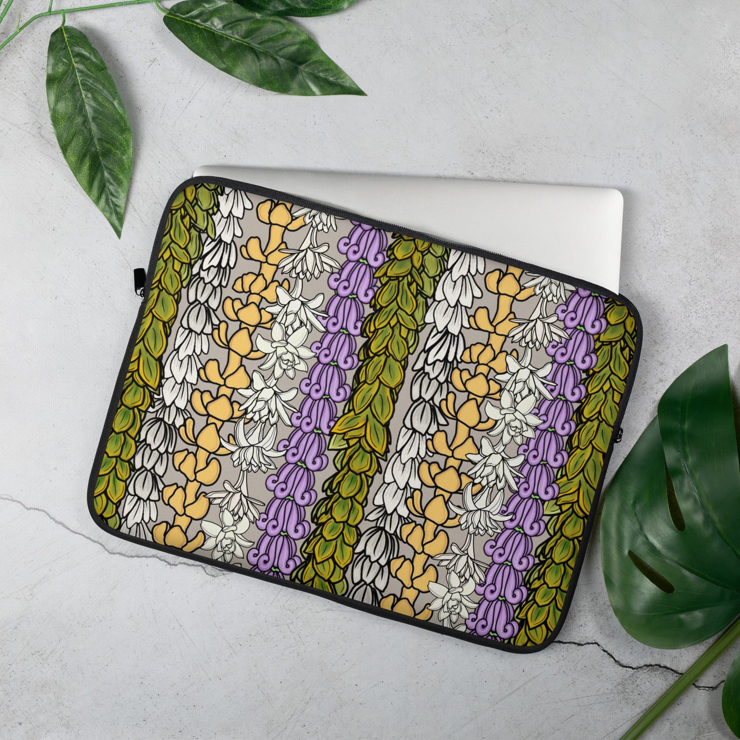 Hawaiian Lei Print - Hawaiian Print Design Laptop Sleeve - Pakalana, Pikake, Crown Flower, Puakenikeni, Tuberose Flower Leis