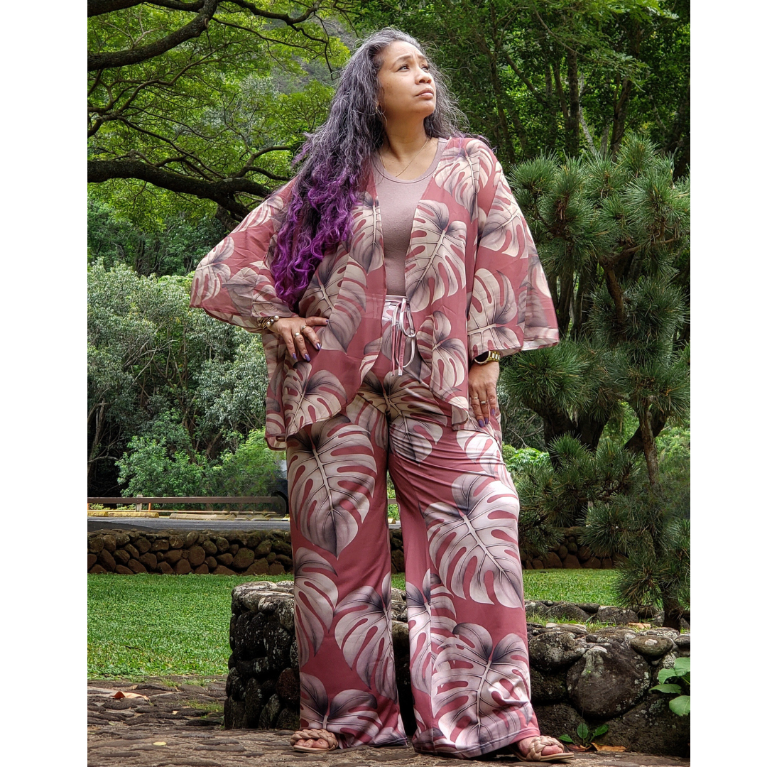 Monstera Mauve Women's Wide Leg Palazzo Drawstring Pants