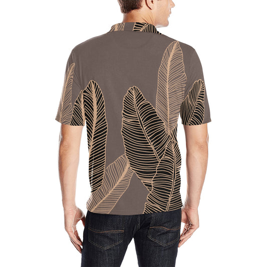 Banana Leaf Hawaiian Print Polo Shirt - Taupe (Lau Mai'a Hawaiian Aloha Print)