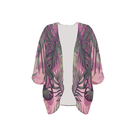 Hawaiian Tropical Print Pink Kimono Chiffon Cover Up