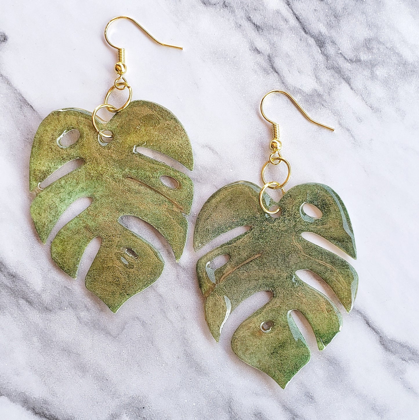 Handmade Watercolor Paper Earrings - Green Monstera Design