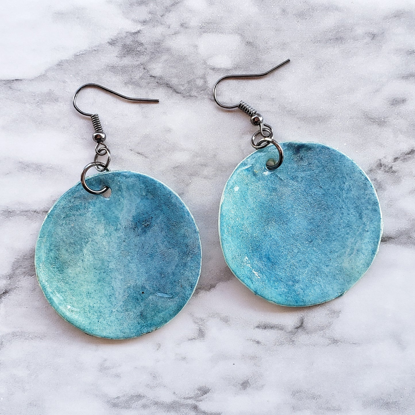 Handmade Watercolor Paper Earrings - Large Blue Circle Design