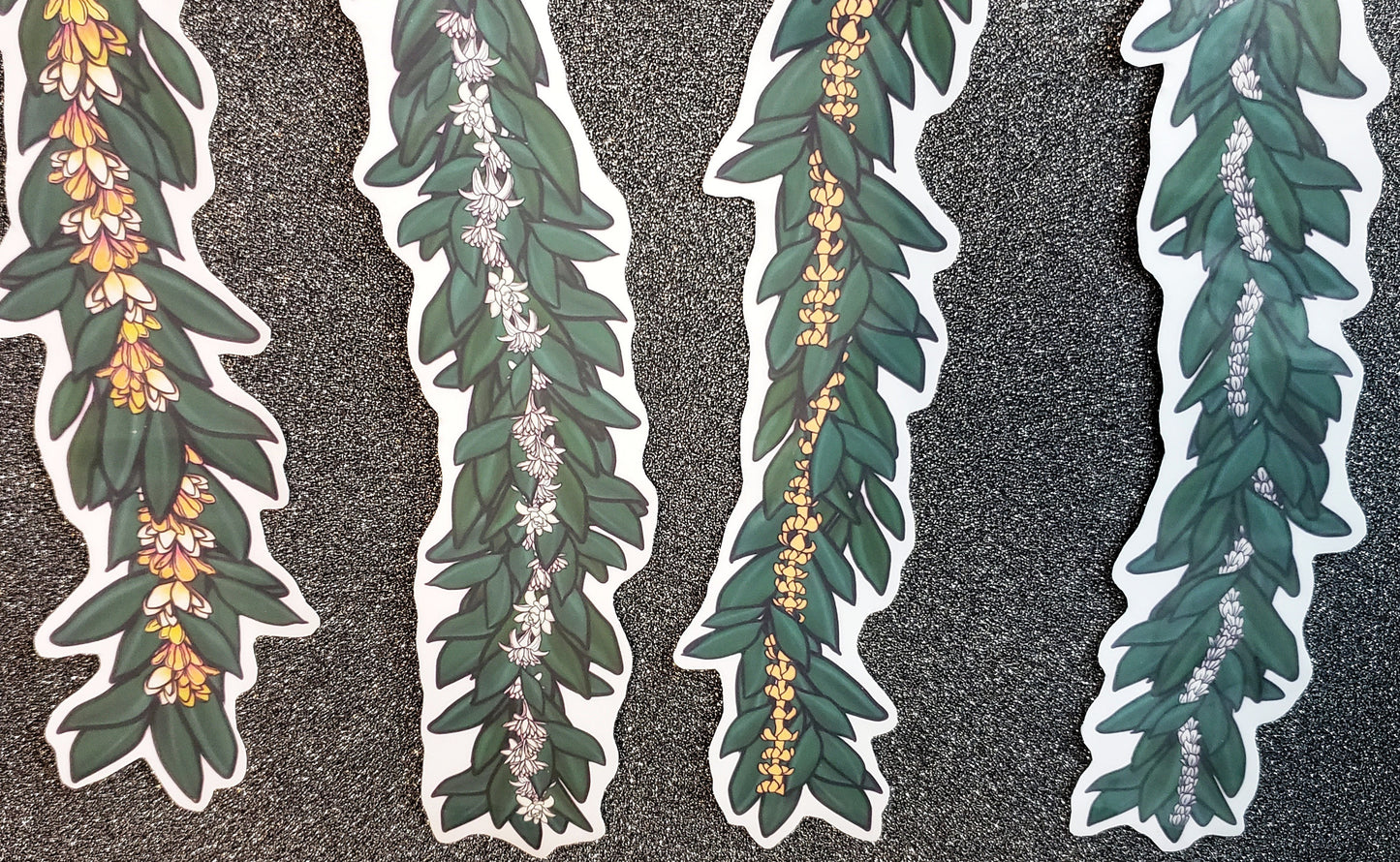 Lei Vinyl Sticker - You Choose: Pakalana, Haku, Crown flower, Plumeria, Tuberose, Puakenikeni, Pikake - Hand-drawn, illustrated designs.