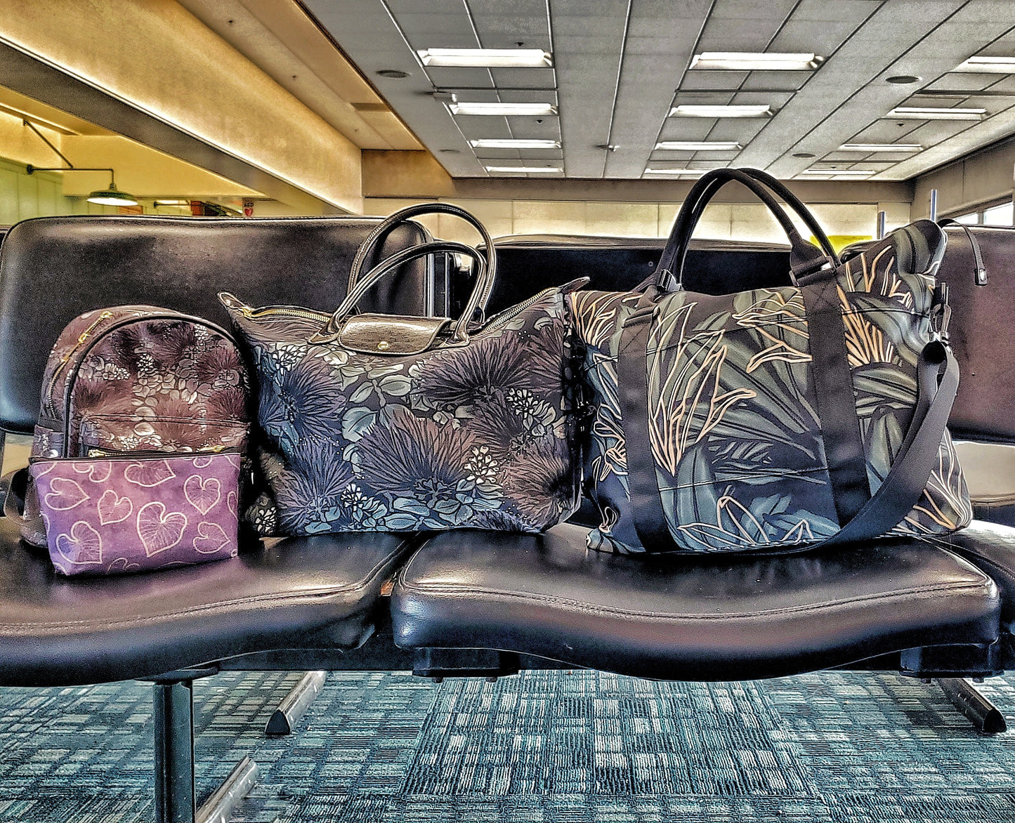 La'i Ti Leaf Ki Design Hawaiian Print Duffle Bag with Trolley Sleeve - The Huaka'i Weekender Duffle