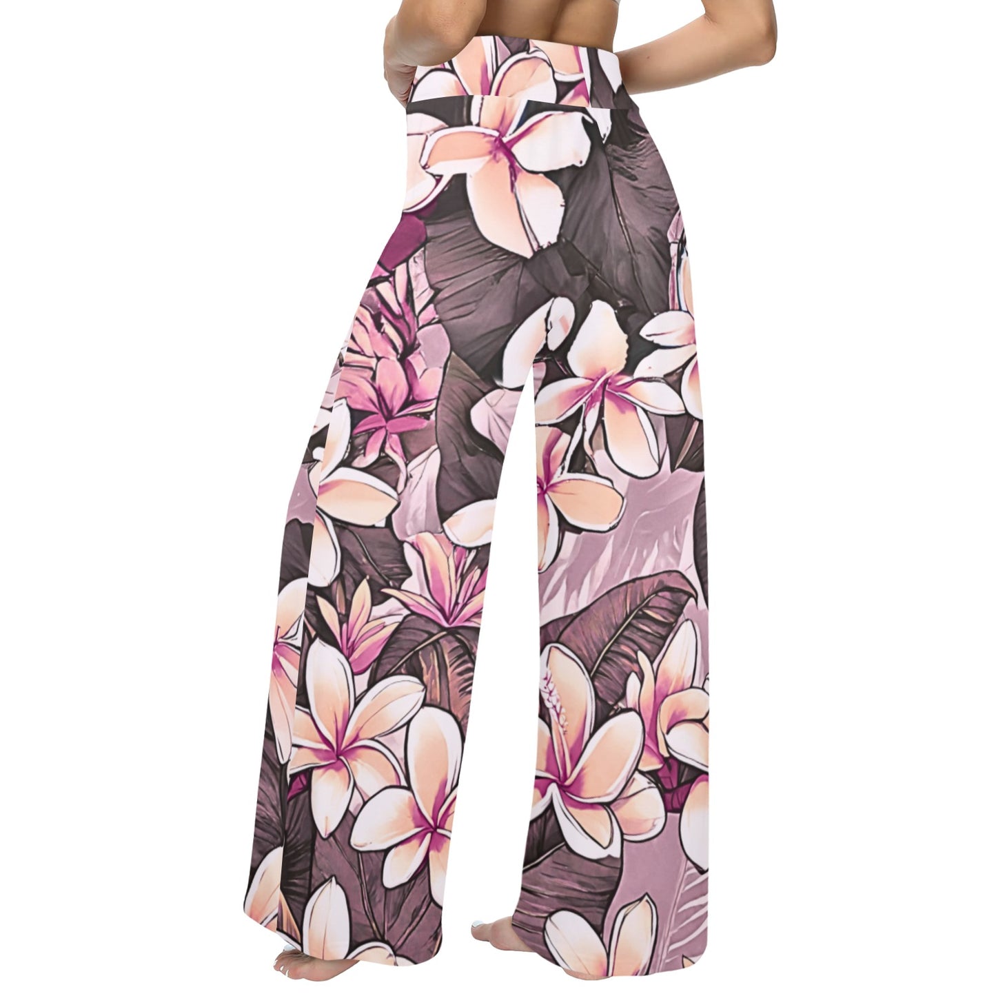 Plumeria Hawaiian Print Wide Leg Palazzo Style Drawstring Pants