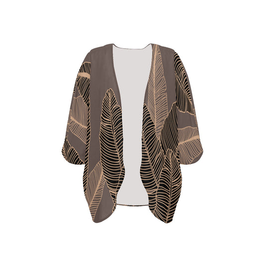 Banana Leaf Hawaiian Print Kimono Cover Up - Taupe (Lau Mai'a Chiffon Cover Up)