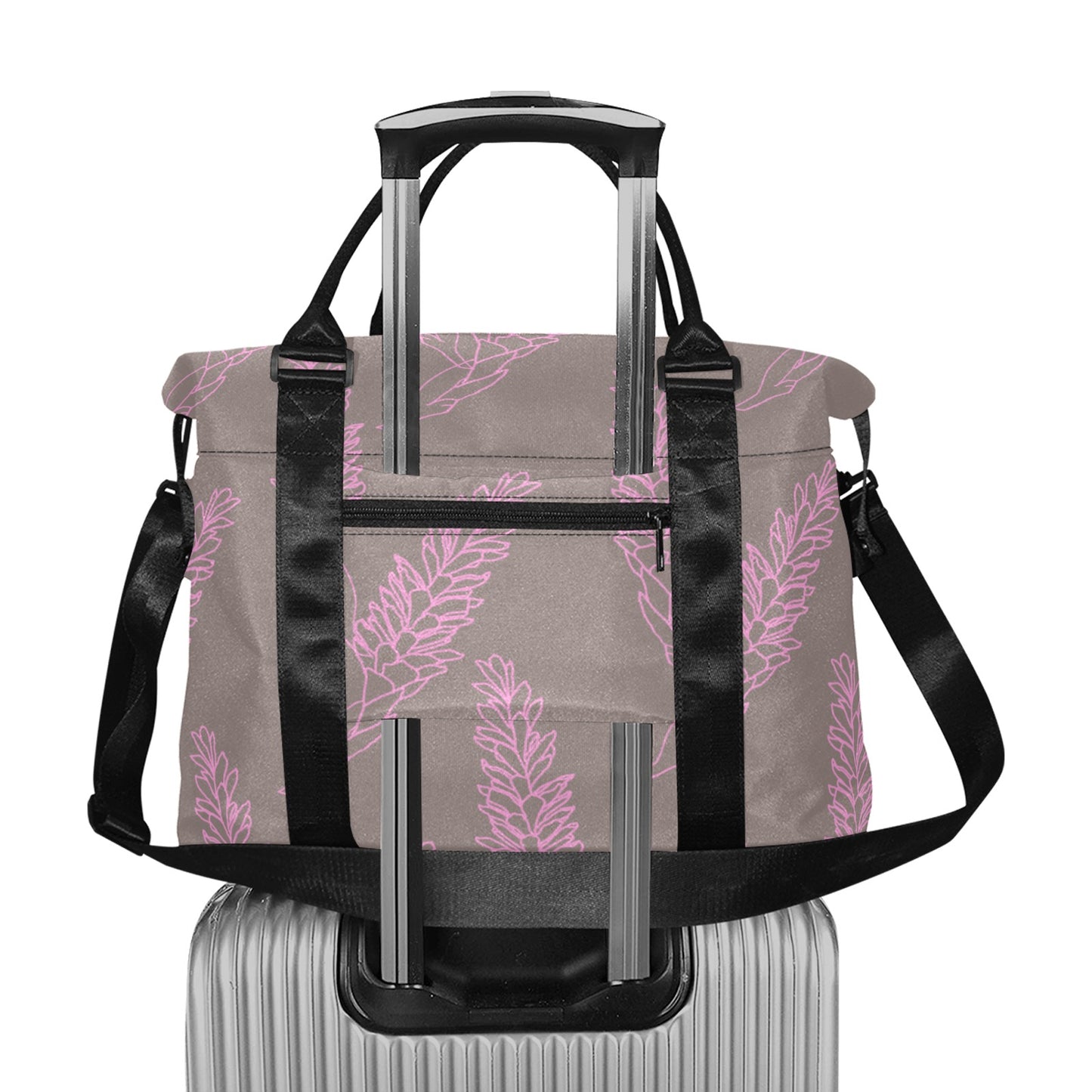 Torch Ginger Taupe and Rose Hawaiian Print Duffle Bag with Trolley Sleeve - The Huaka'i Weekender Duffle