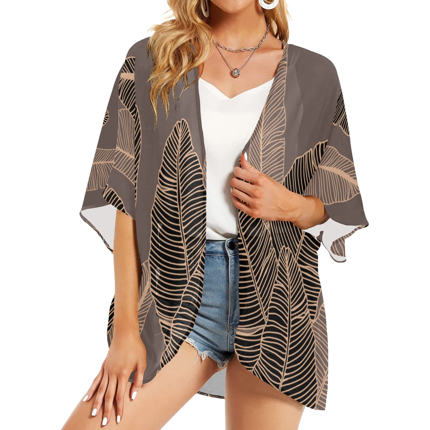 Banana Leaf Hawaiian Print Kimono Cover Up - Taupe (Lau Mai'a Chiffon Cover Up)