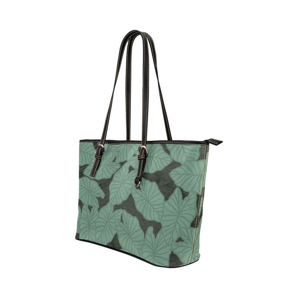 Kalo Taro Hawaiian Print Green Tote Bag Faux Leather