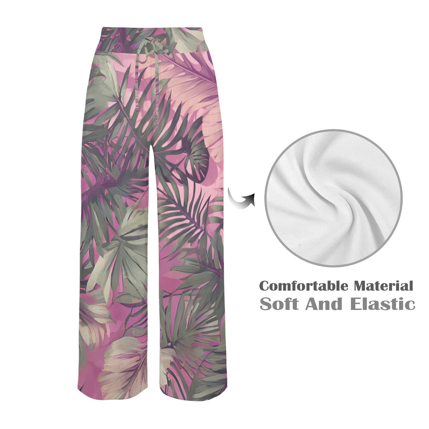 Hawaiian Tropical Print Pink Tones Wide Leg Palazzo Style Drawstring Pants