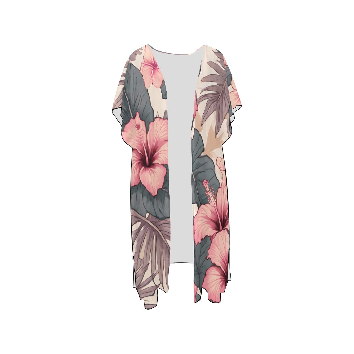 Hibiscus Hawaiian Print Mid Length Kimono Chiffon Cover Up with Side Slits
