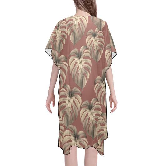 Monstera Mauve Mid Length Kimono Chiffon Cover Up with Side Slits