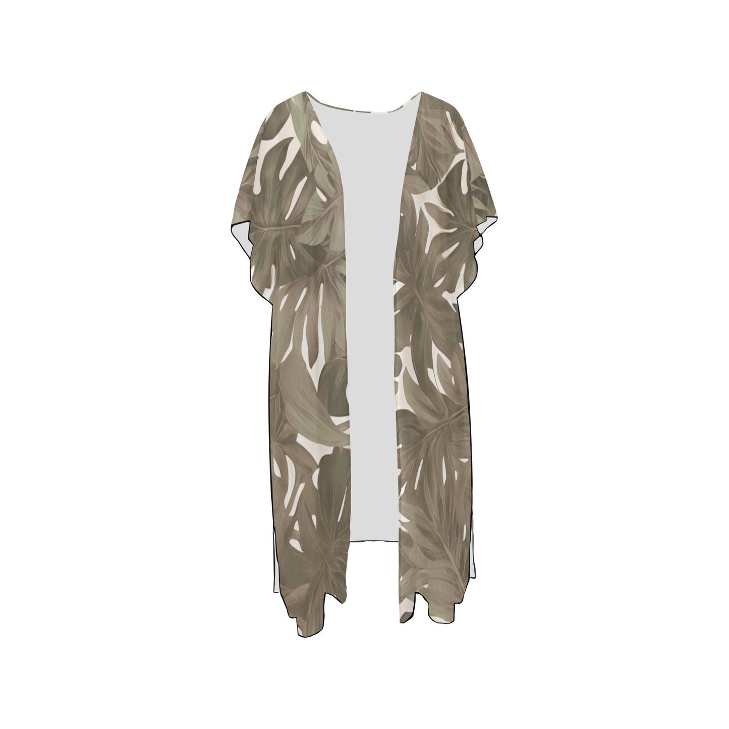 Monstera Tropical Hawaiian Print Mid Length Kimono Chiffon Cover Up - Neutral