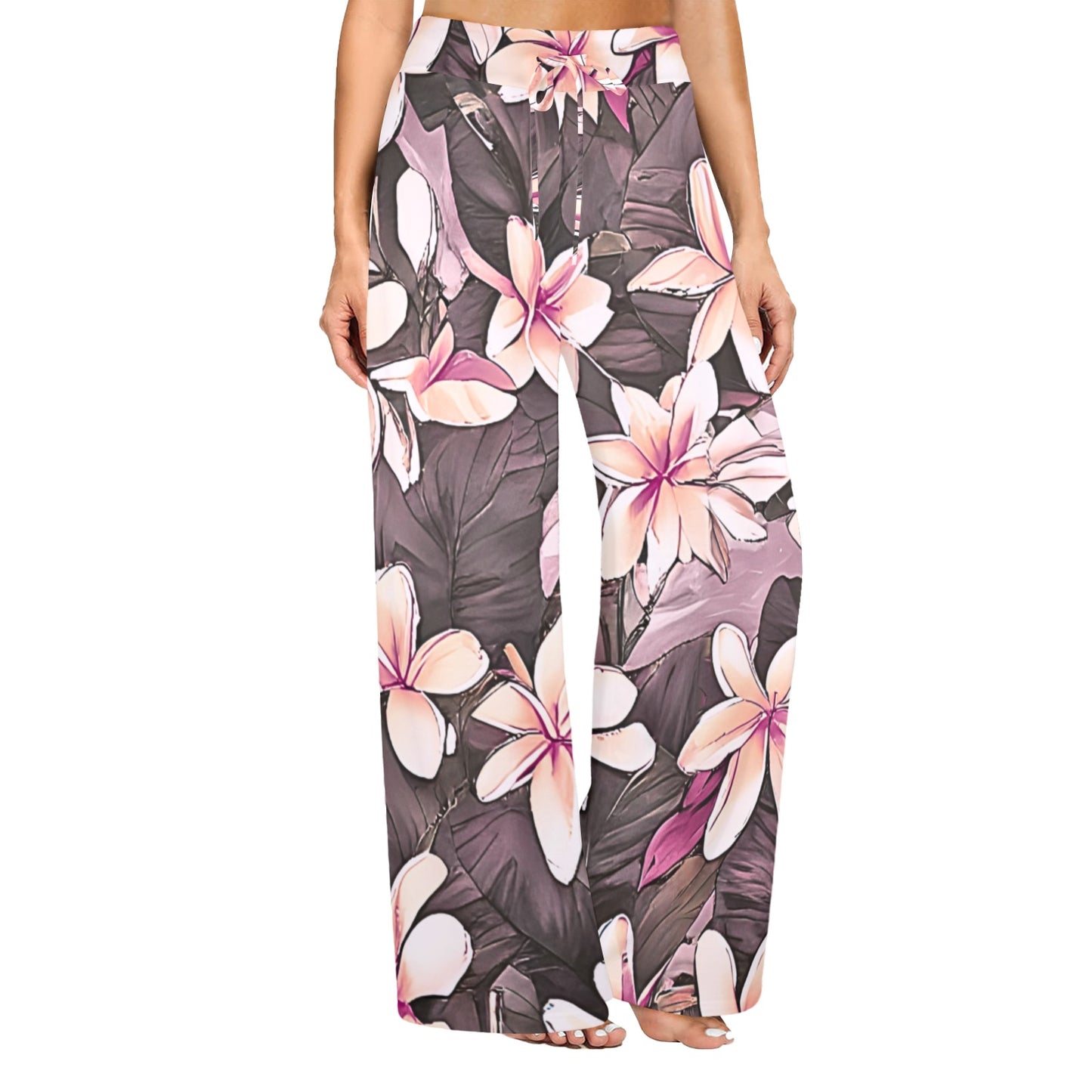 Plumeria Hawaiian Print Wide Leg Palazzo Style Drawstring Pants