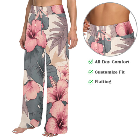 Hibiscus Hawaiian Print Wide Leg Palazzo Style Drawstring Pants