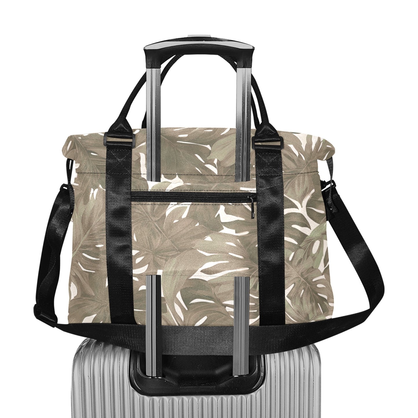 Monstera Hawaiian Print Duffle Bag with Luggage Sleeve - The Huaka'i Weekender Duffle, Neutral Tones