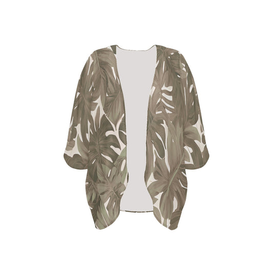Monstera Tropical Hawaiian Print Kimono Cover Up - Neutral