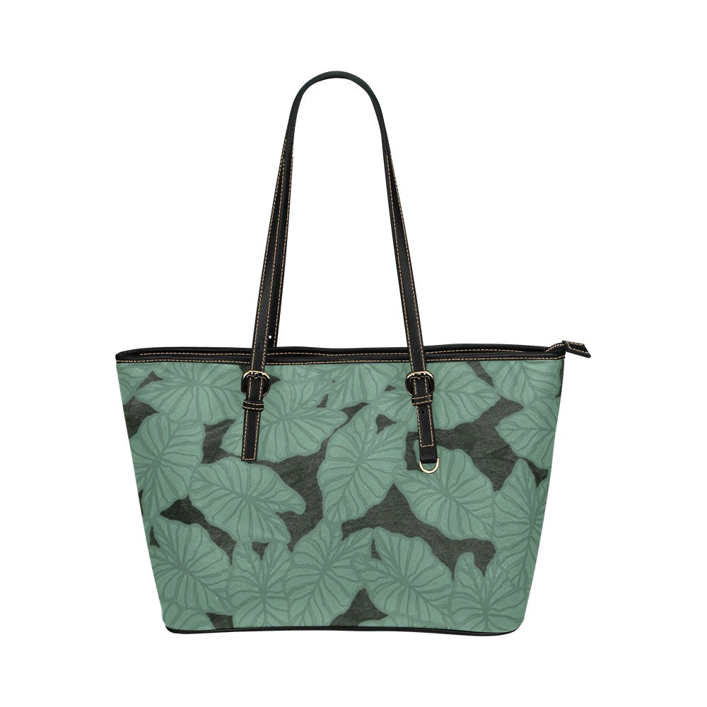 Kalo Taro Hawaiian Print Green Tote Bag Faux Leather