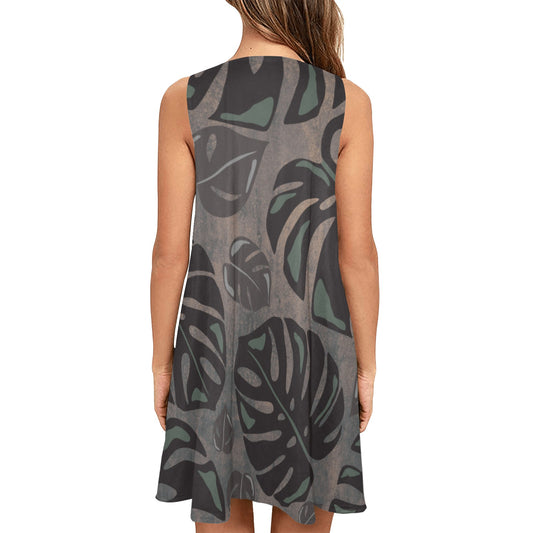 Monstera Hawaiian Print Watercolor Sleeveless A Line Dress with Pockets Sleeveless A-Line Pocket Dress