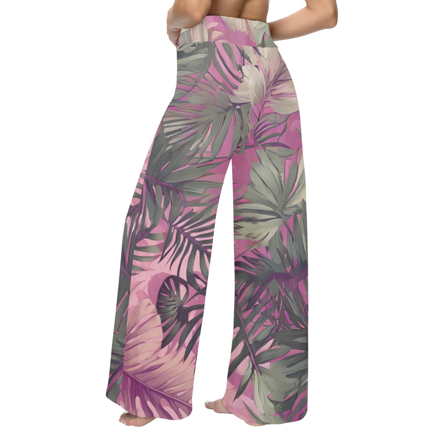 Hawaiian Tropical Print Pink Tones Wide Leg Palazzo Style Drawstring Pants