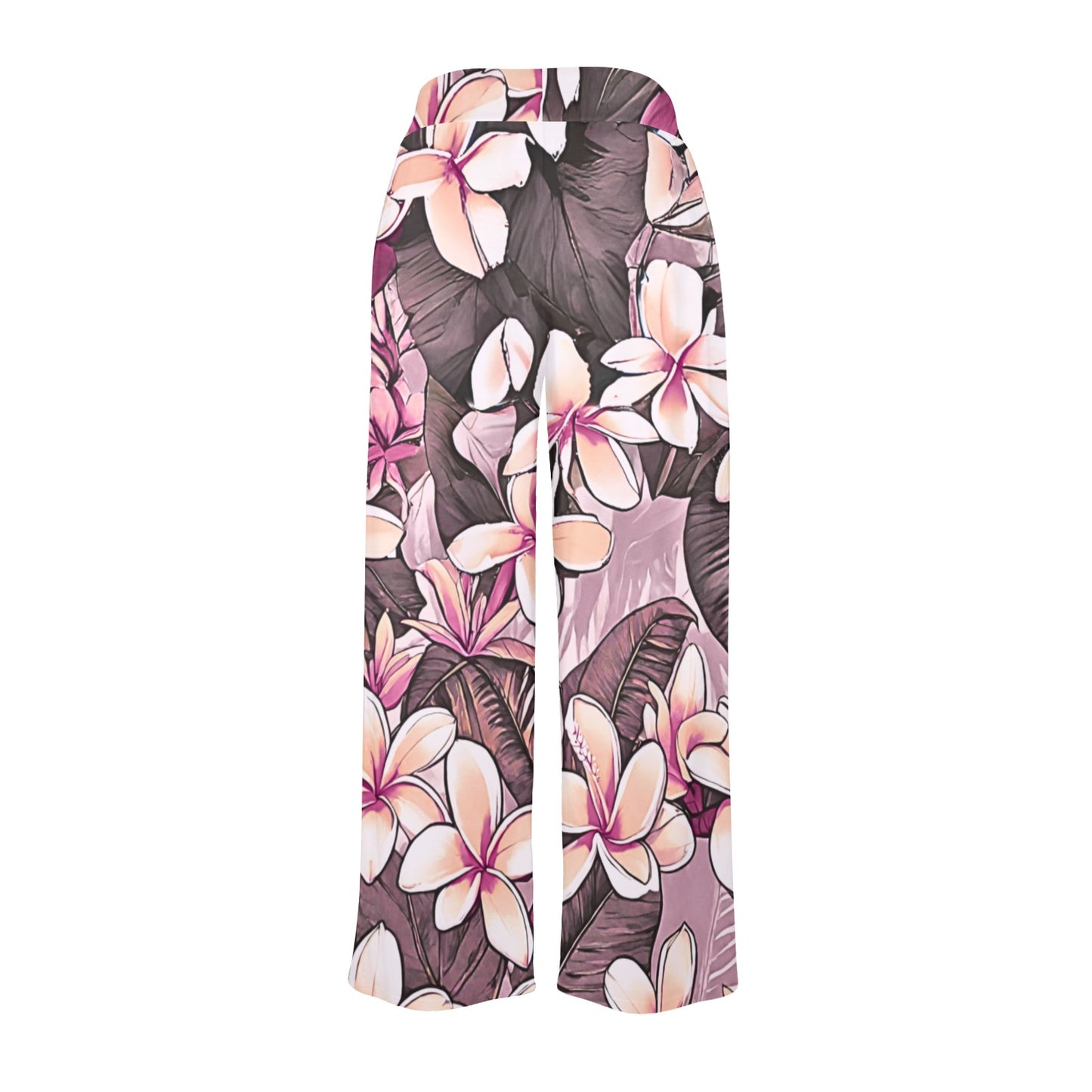 Plumeria Hawaiian Print Wide Leg Palazzo Style Drawstring Pants