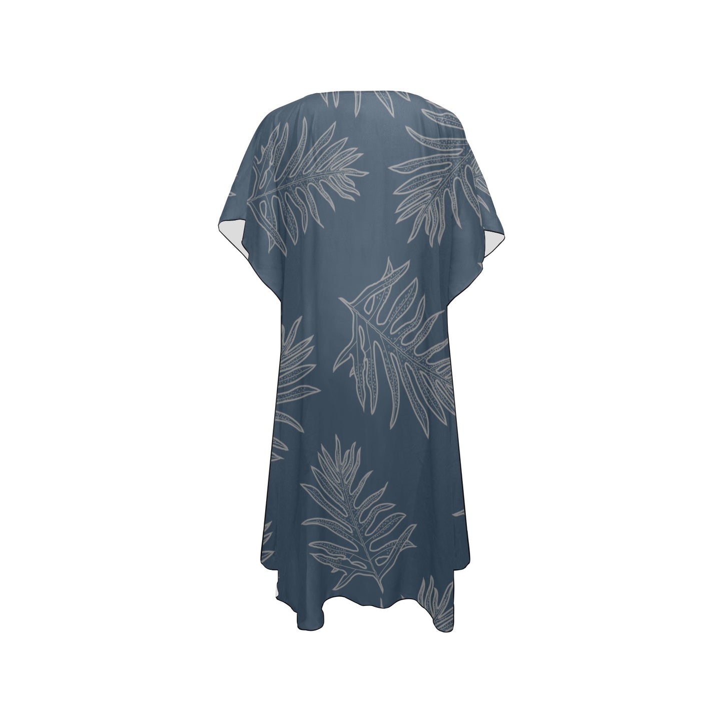 Laua'e Fern Hawaiian Print - Blue, Mid Length Chiffon Cover Up with Side Slits Mid-Length Side Slits Chiffon Cover Up