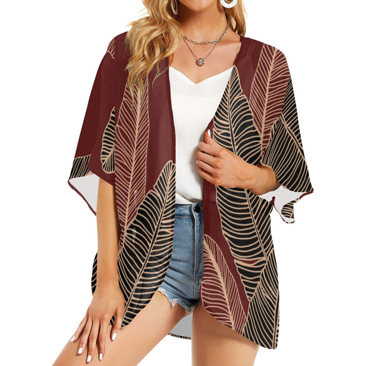 Banana Leaf Hawaiian Print Kimono Cover Up - Wine (Lau Mai'a Chiffon Cover Up)