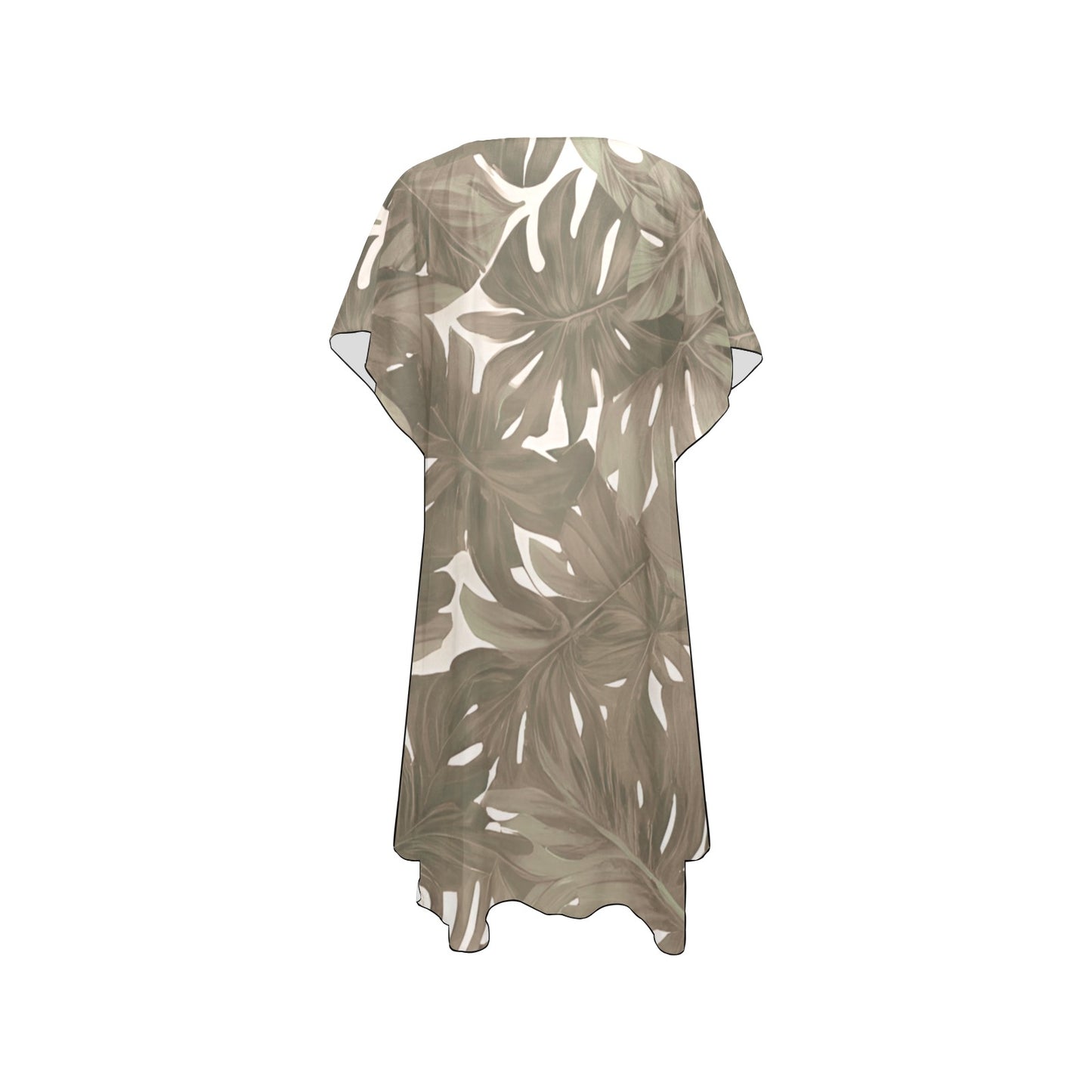 Monstera Tropical Hawaiian Print Mid Length Kimono Chiffon Cover Up - Neutral