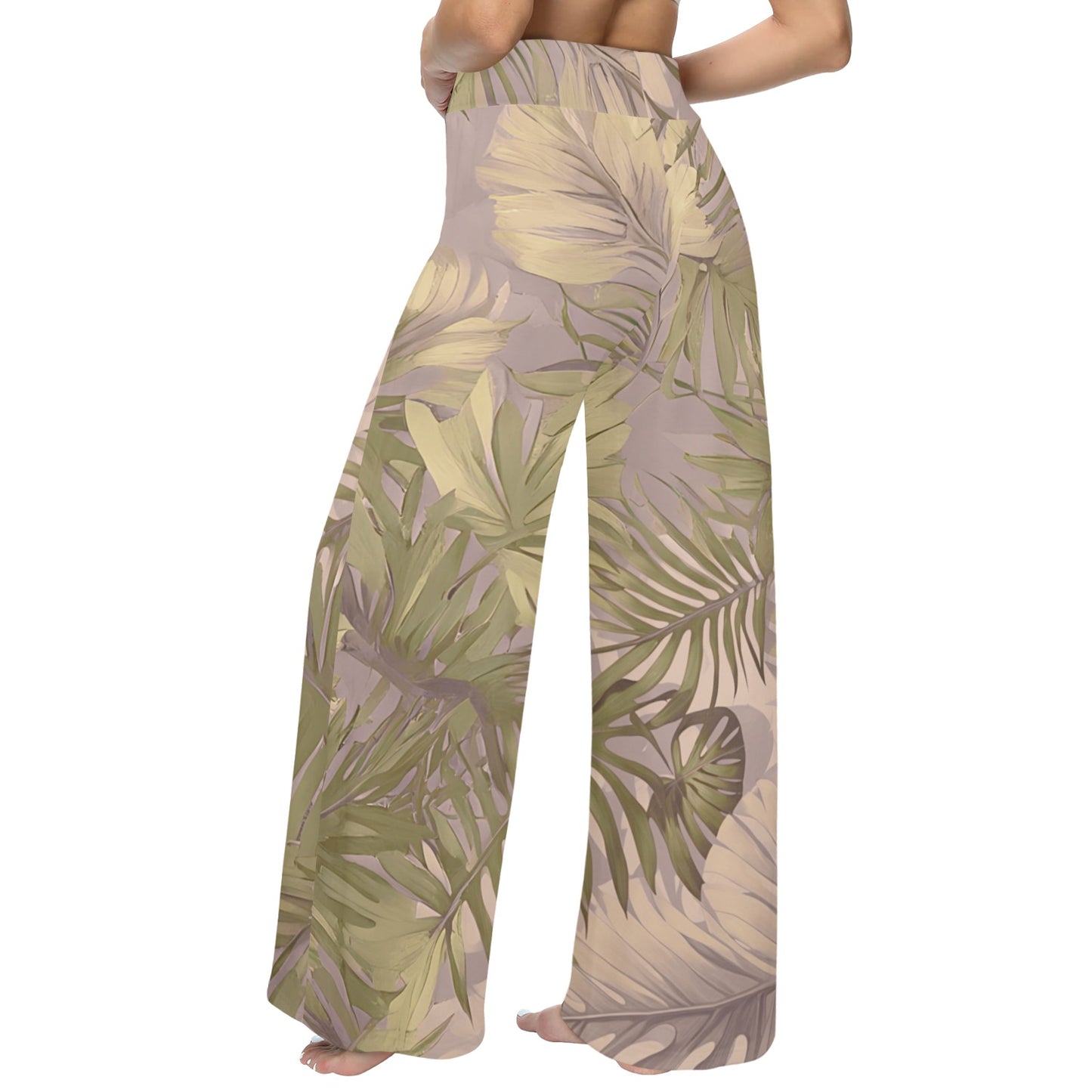 Hawaiian Tropical Print Wide Leg Palazzo Drawstring Pants - Soft Tones