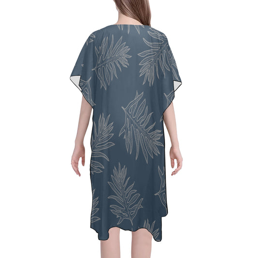 Laua'e Fern Hawaiian Print - Blue, Mid Length Chiffon Cover Up with Side Slits Mid-Length Side Slits Chiffon Cover Up