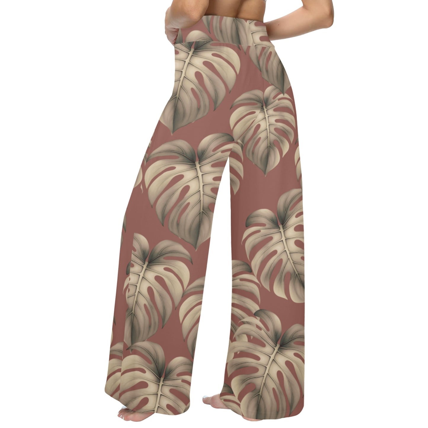 Monstera Mauve Women's Wide Leg Palazzo Drawstring Pants