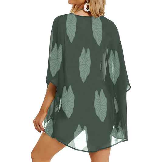 Kalo Taro Hawaiian Print Green Kimono Cover Up Women's Kimono Chiffon Cover Up