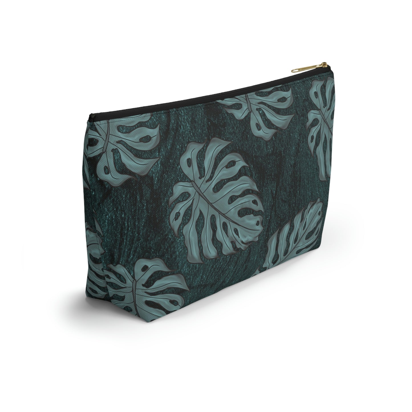 Monstera Teal Watercolor Accessory Pouch w T-bottom
