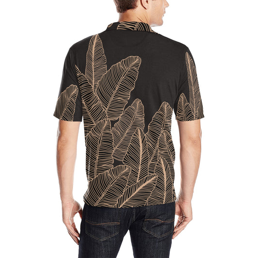 Banana Leaf Hawaiian Print Polo Shirt - Black