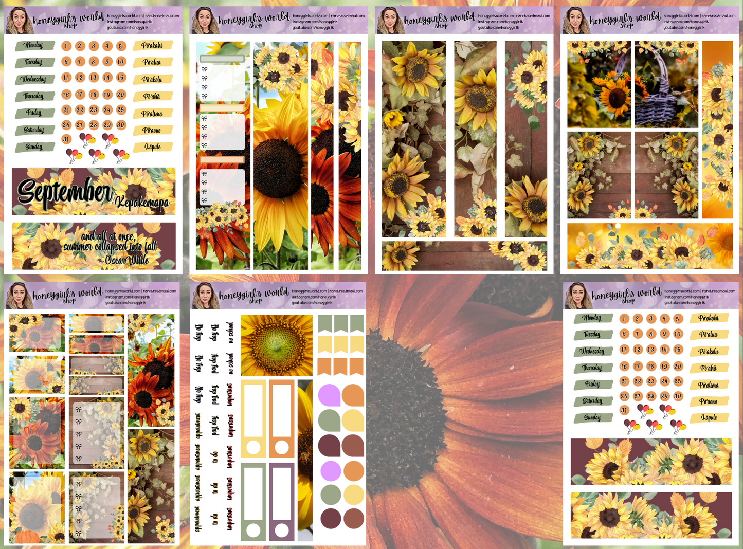September Monthly Planner Sticker Kit - Sunflowers - 13 Pages Total