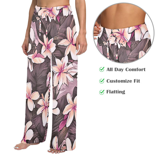 Plumeria Hawaiian Print Wide Leg Palazzo Style Drawstring Pants