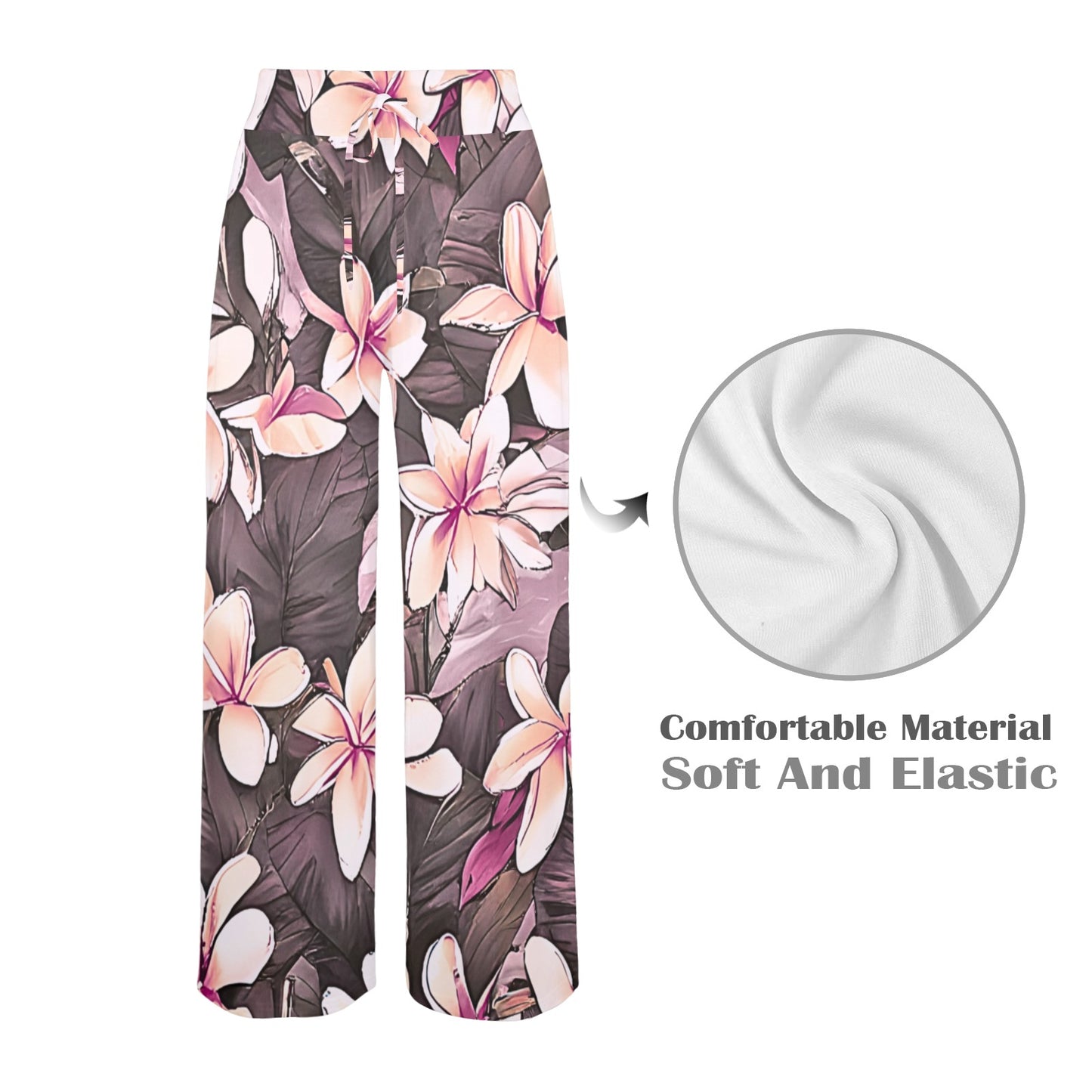 Plumeria Hawaiian Print Wide Leg Palazzo Style Drawstring Pants