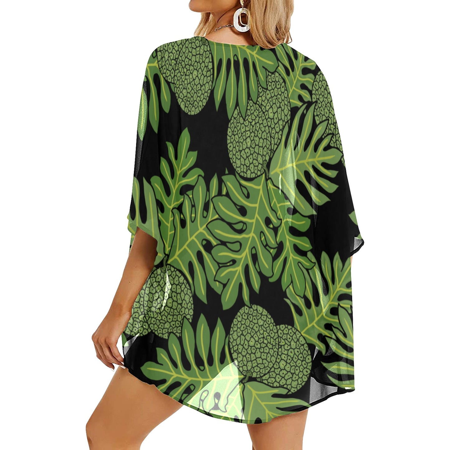 Ulu Breadfruit Hawaiian Print Kimono Cover Up - Black and Green {Chiffon Cover Up}