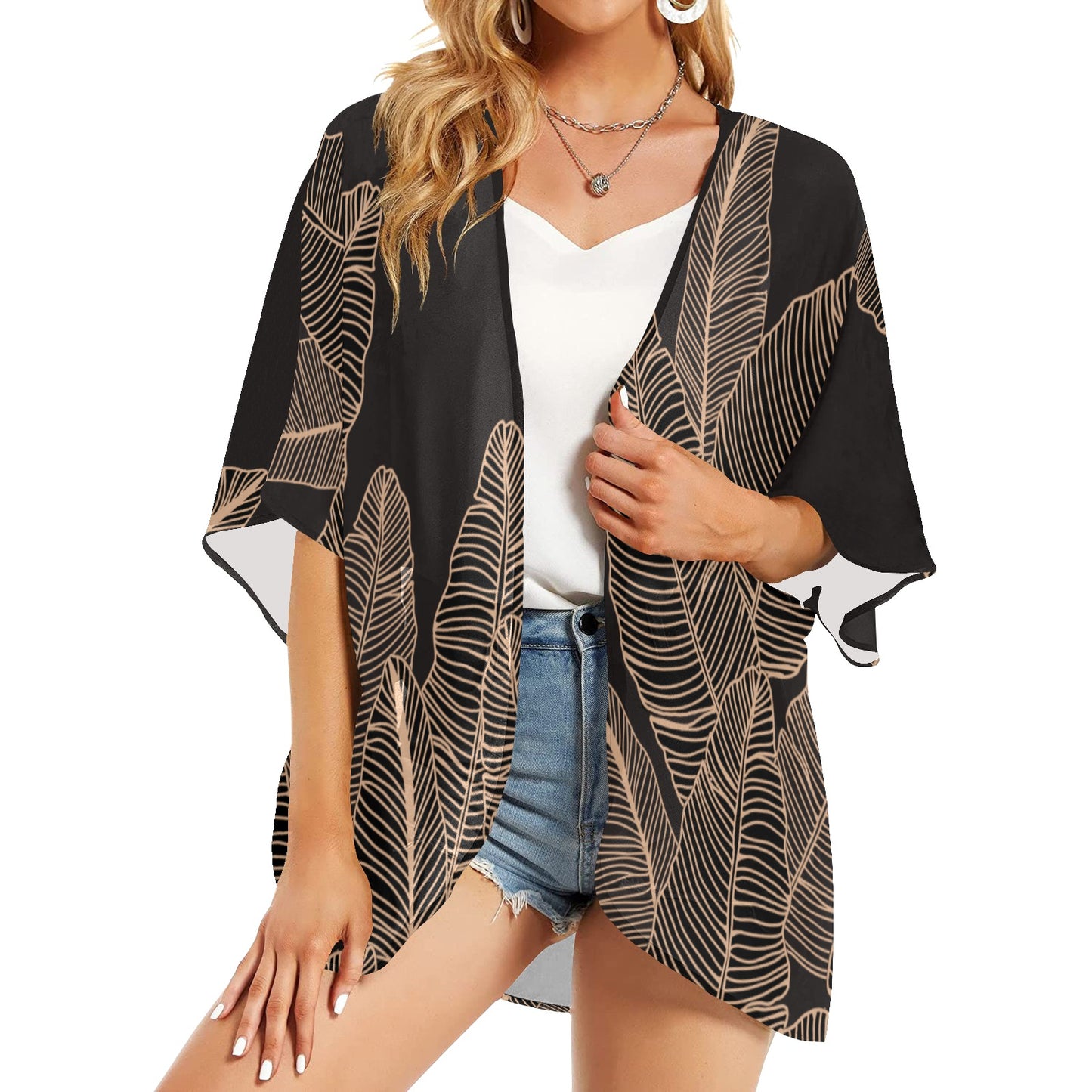 Banana Leaf Hawaiian Print Women's Kimono Cover Up - Black (Chiffon Cover Up)