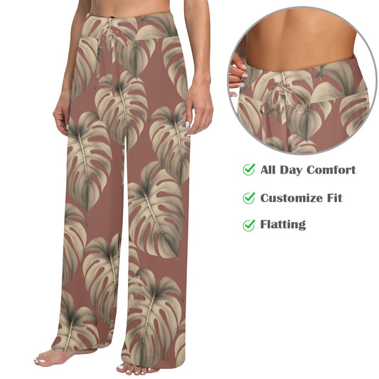 Monstera Mauve Women's Wide Leg Palazzo Drawstring Pants