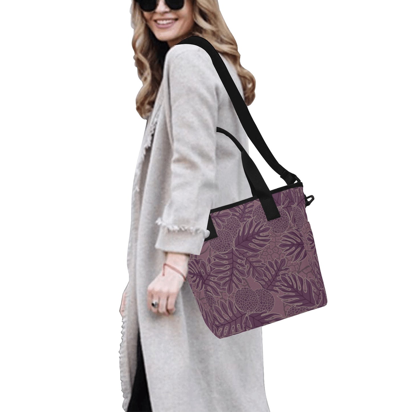 Ulu Breadfruit Hawaiian Print Tote Bag Crossbody - Purple Tote Bag with Shoulder Strap