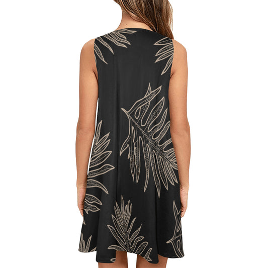 Laua'e Fern Hawaiian Print - Black & Taupe Sleeveless A Line Dress with Pockets Sleeveless A-Line Pocket Dress