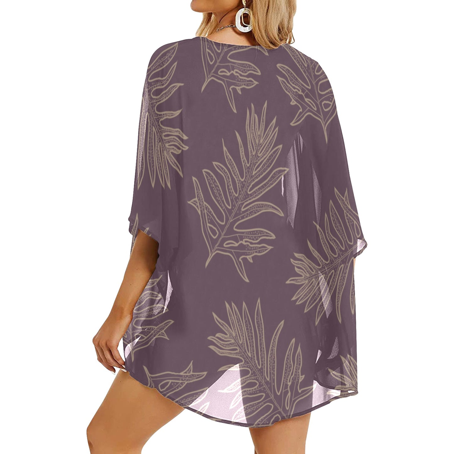 Laua'e Fern Hawaiian Print - Lavender Mauve Women's Kimono Chiffon Cover Up Women's Kimono Chiffon Cover Up)