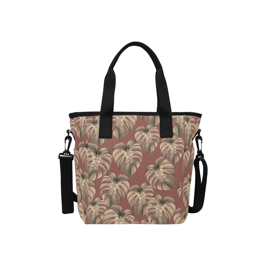 Mauve Monstera Hawaiian Print Tote Bag Crossbody with Shoulder Strap