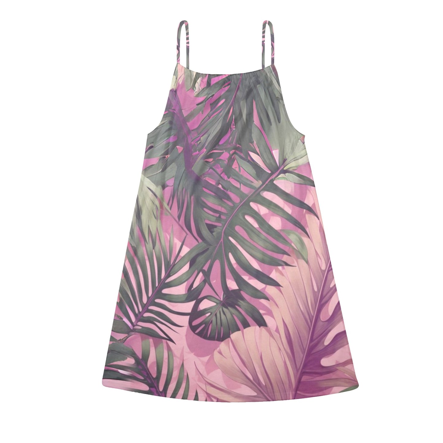 Hawaiian Tropical Print Pink Women's Drawstring Neck Sleeveless Dress