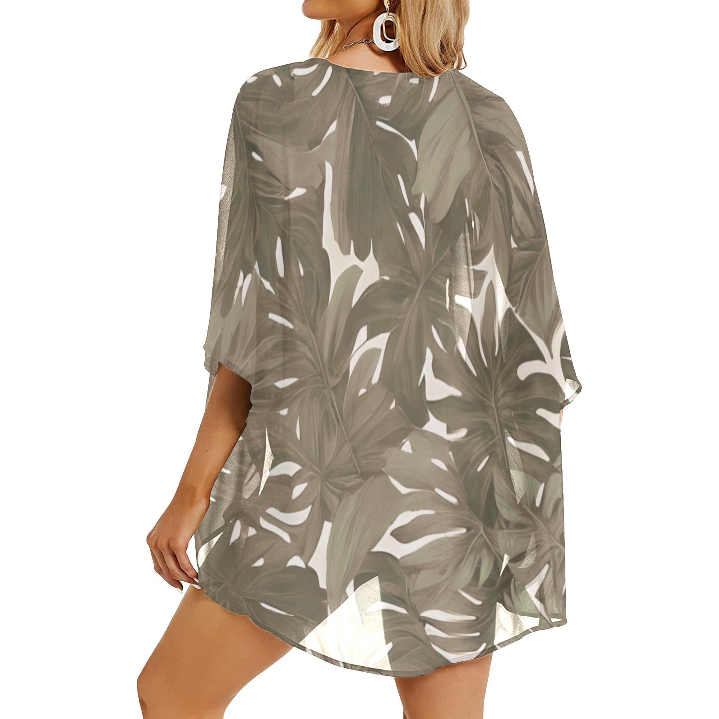 Monstera Tropical Hawaiian Print Kimono Cover Up - Neutral