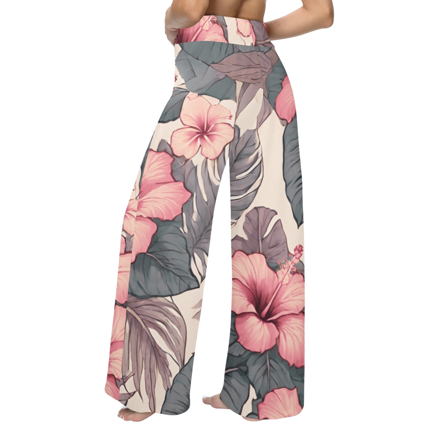 Hibiscus Hawaiian Print Wide Leg Palazzo Style Drawstring Pants