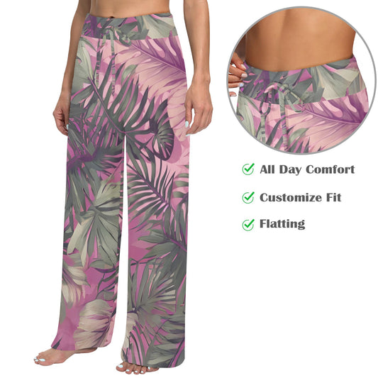 Hawaiian Tropical Print Pink Tones Wide Leg Palazzo Style Drawstring Pants