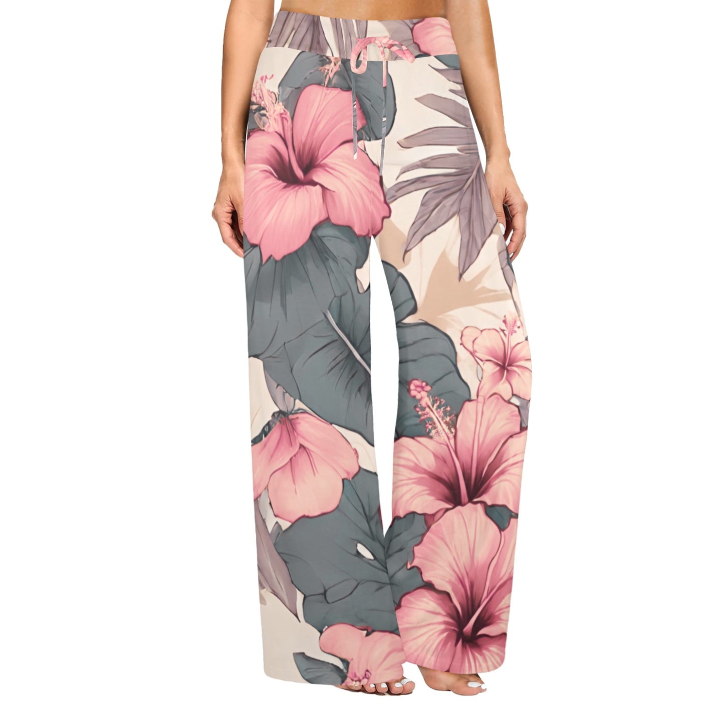 Hibiscus Hawaiian Print Wide Leg Palazzo Style Drawstring Pants